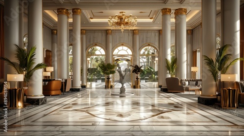 Luxury Hotel Lobby with Classic Columns, White Marble Ambiance, and Greek Sculptures Created with Generative AI © hisilly