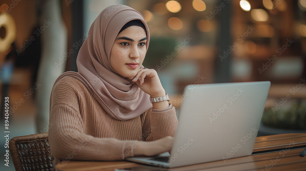 Focused woman in hijab using laptop, working in a modern cafe, professional Muslim female in cozy setting with bokeh lights Focused woman in hijab using laptop, working in a modern cafe, professional Muslim female in cozy setting with bokeh lights