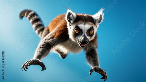A lemur mid-air, jumping across a bright blue background.