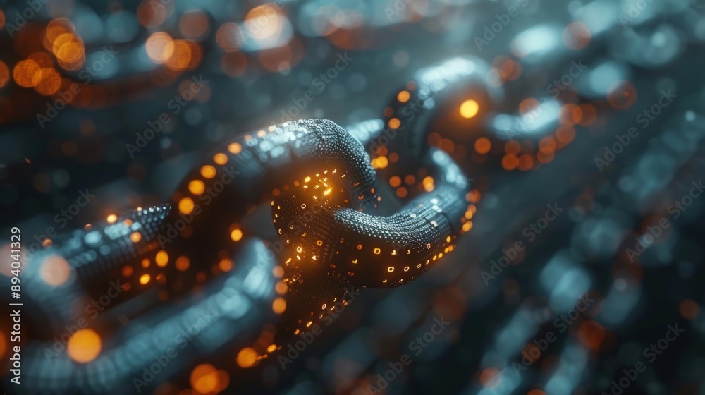 A close up of the digital chain, with each link made up of binary code representing data. A close up of the digital chain, with each link made up of binary code representing data.