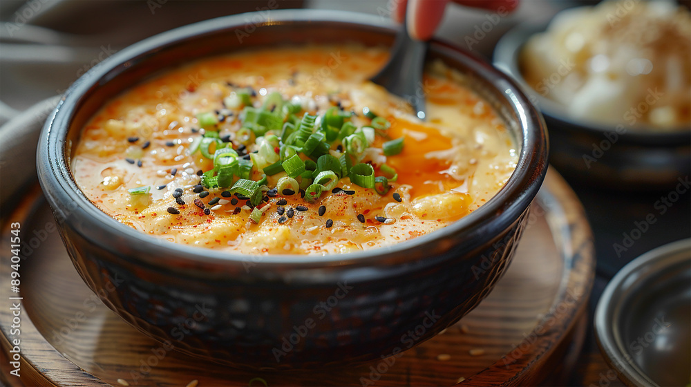 A bowl of fluffy halal gyeran jjim, Korean steamed egg custard, in a minimalist modern Korean restaurant. A bowl of fluffy halal gyeran jjim, Korean steamed egg custard, in a minimalist modern Korean restaurant.
