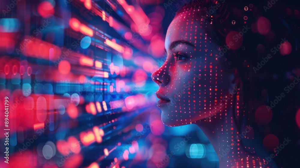 Digital Evolution Profile with Neon Data Stream Background Digital Evolution Profile with Neon Data Stream Background