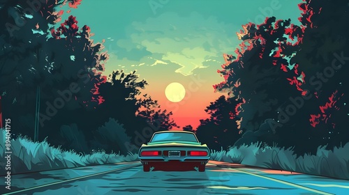 a car on a road behind it trees comic style illustration
