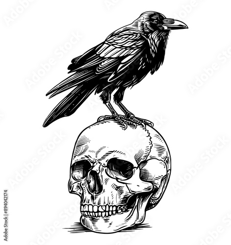 crow skull engraving black and white outline