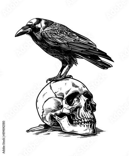 crow skull engraving black and white outline