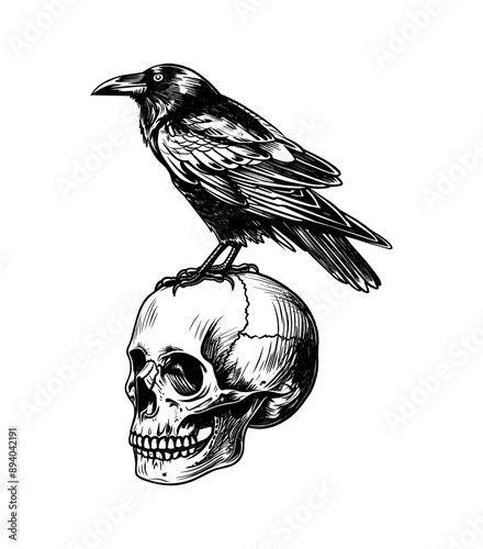 crow skull engraving black and white outline