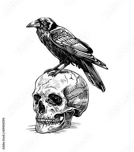 crow skull engraving black and white outline