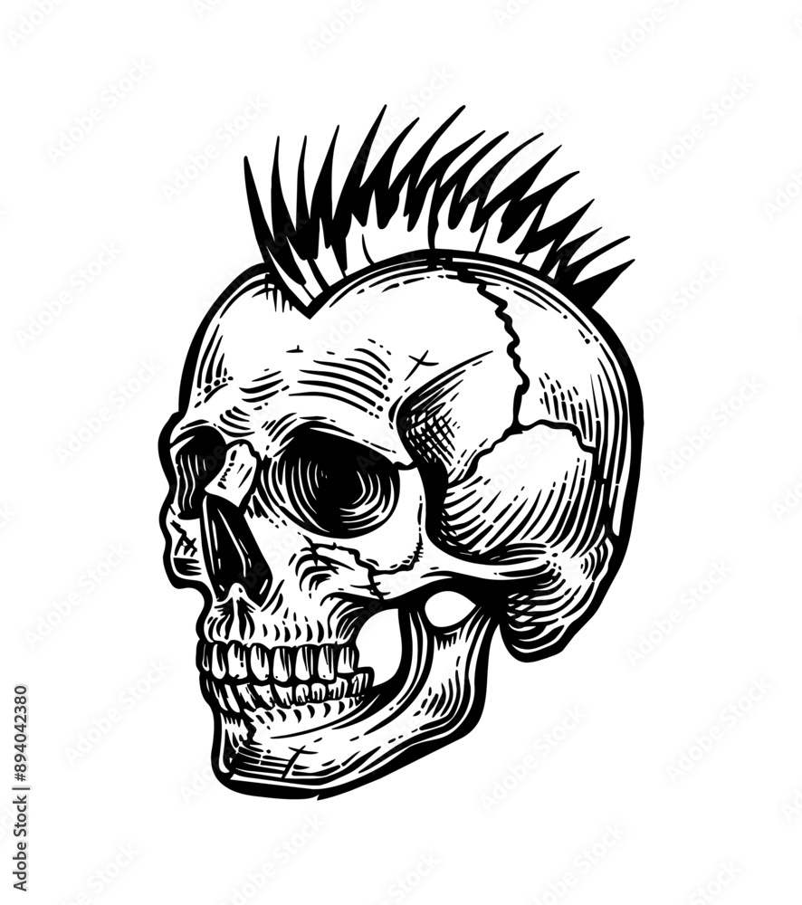 Obraz premium skull mohawk engraving black and white outline