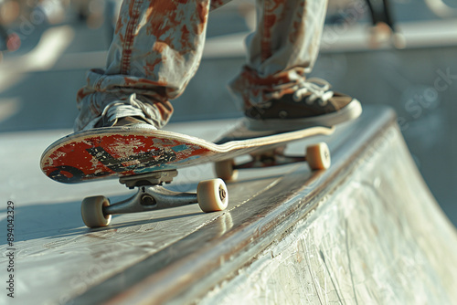 Skateboarding Trick: close up of A skateboarder performing an impressive trick at a skate park. photo