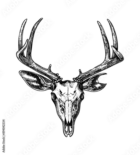 deer skull engraving black and white outline