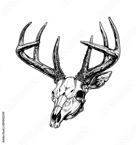deer skull engraving black and white outline
