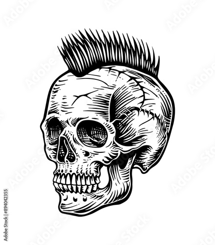 skull mohawk engraving black and white outline