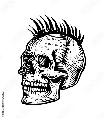 skull mohawk engraving black and white outline