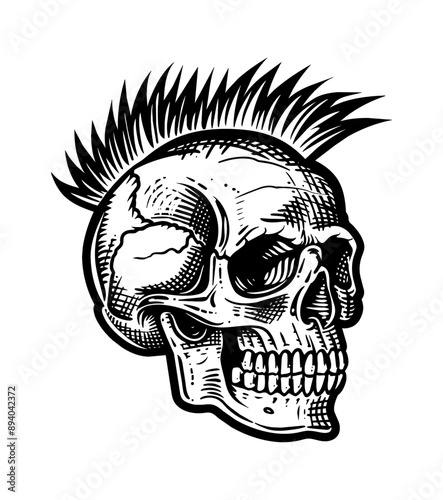 skull mohawk engraving black and white outline