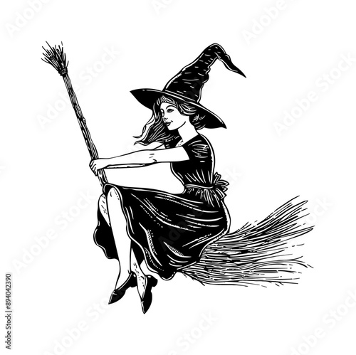 beautiful witch engraving black and white outline