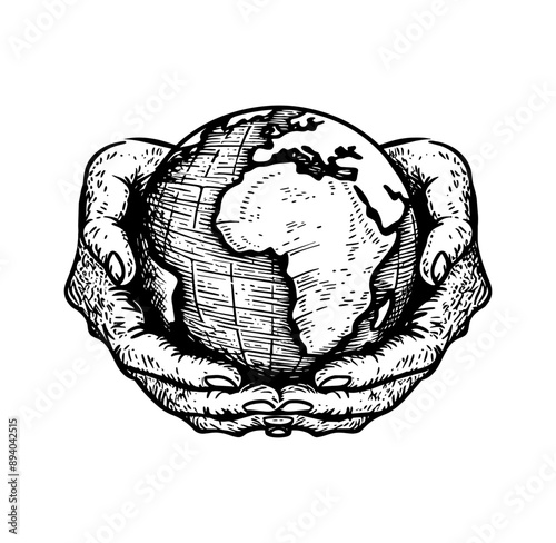 hand earth engraving black and white outline