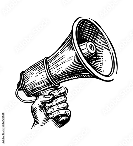 hand megaphone engraving black and white outline