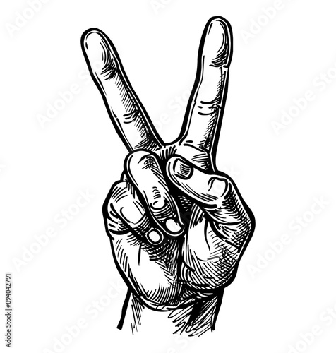 hand peace sign engraving black and white outline
