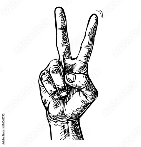 hand peace sign engraving black and white outline