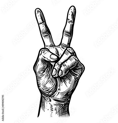 hand peace sign engraving black and white outline