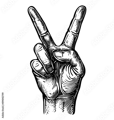hand peace sign engraving black and white outline