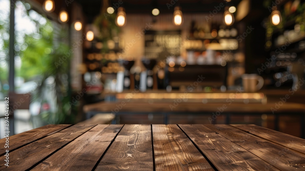 Brown wooden table with blurred coffee shop background for product display. Brown wooden table with blurred coffee shop background for product display.