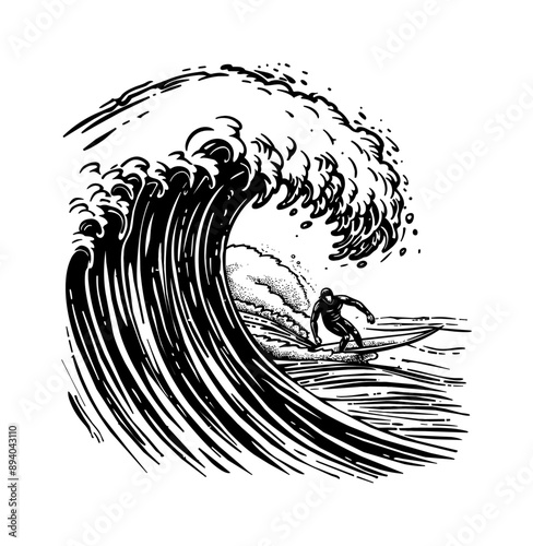 surfer wave sea engraving black and white outline