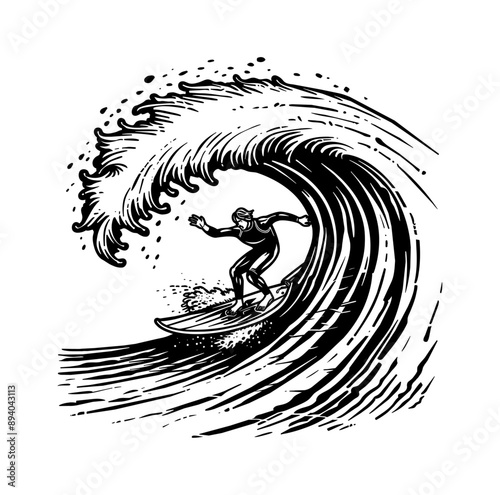 surfer wave sea engraving black and white outline