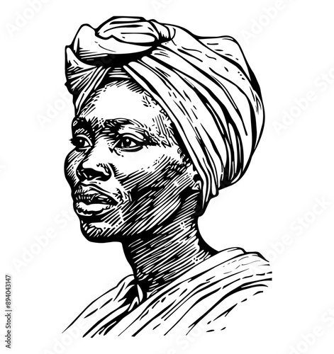 african woman wearing turban engraving black and white outline