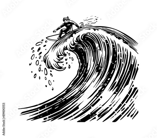 surfer wave sea engraving black and white outline