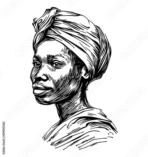 african woman wearing turban engraving black and white outline