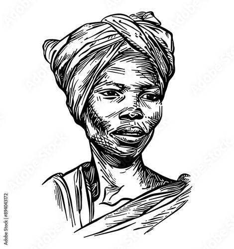african woman wearing turban engraving black and white outline