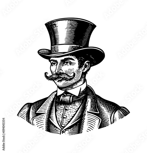 man gentleman wear top hat engraving black and white outline