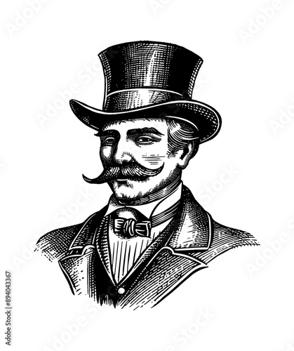 man gentleman wear top hat engraving black and white outline