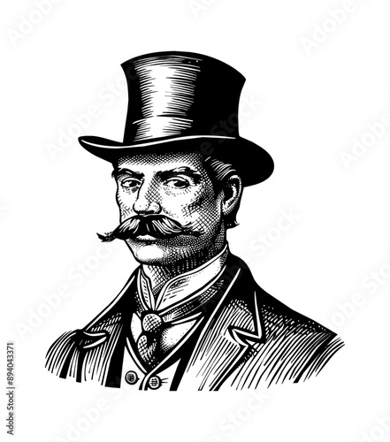 man gentleman wear top hat engraving black and white outline