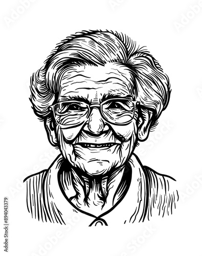 grandma portrait engraving black and white outline