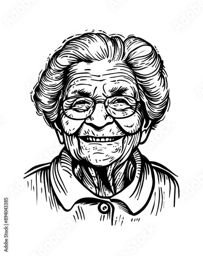 grandma portrait engraving black and white outline