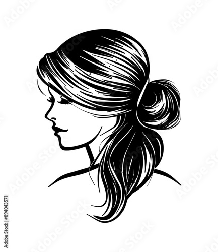 woman hairstyle engraving black and white outline