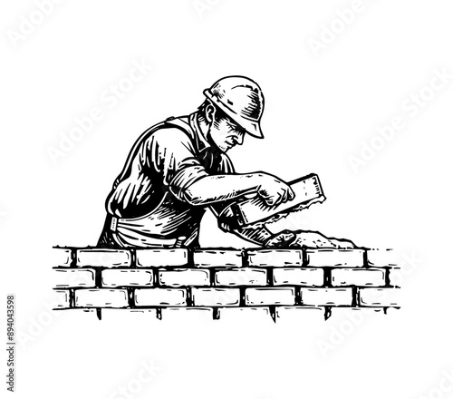 man build wall brick engraving black and white outline