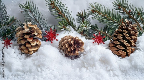 Festive Christmas border with pine cone snowflake and snow background for text placement