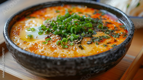 A bowl of fluffy halal gyeran jjim, Korean steamed egg custard, in a minimalist modern Korean restaurant. photo