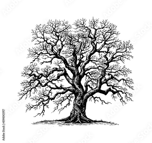 dry oak tree engraving black and white outline