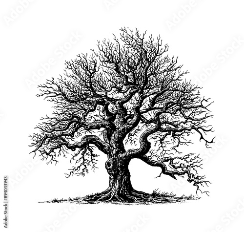 dry oak tree engraving black and white outline