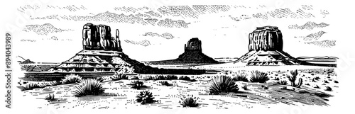 american desert landscape engraving black and white outline