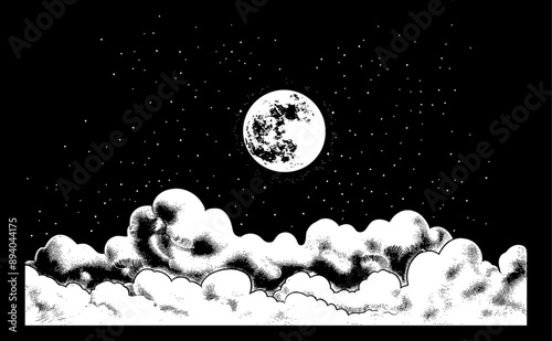 full moon night sky engraving black and white outline