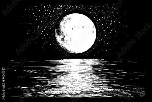 full moon sea engraving black and white outline