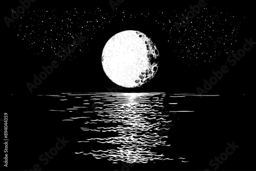 full moon sea engraving black and white outline