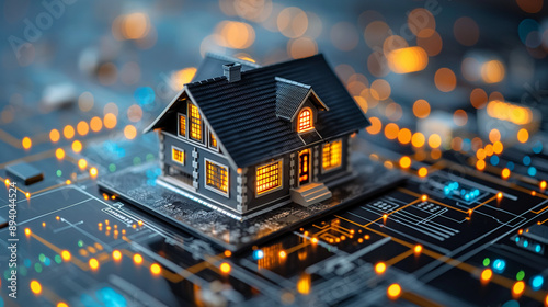 Smart home connects to IOT system via 5th generation mobile Internet over smartphone. Phone app controls internet of things with help hi speed 5g network. House automation concept, icons of devices.