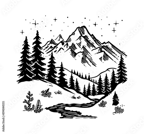 mountain forest engraving black and white outline