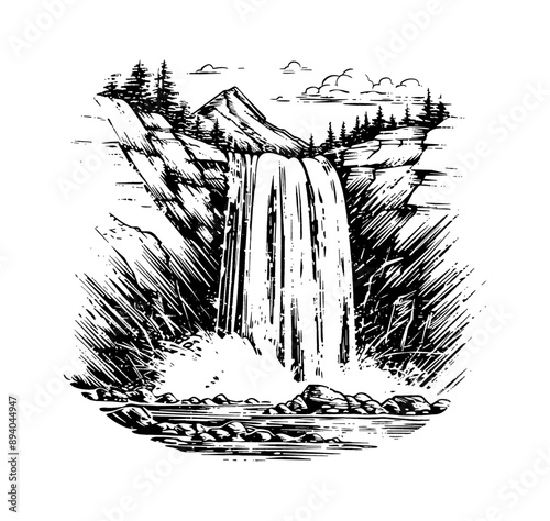 waterfall engraving black and white outline